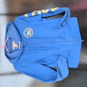 M light blue hoodie sweater jacket yellow love applique dbl zipper JJ authentic